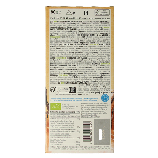 Vivani Chocolade wit vanille bio 80 Gram