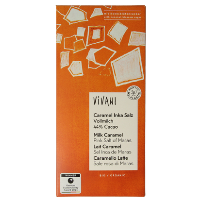Vivani Chocolade melk car. zeezout kokosbloesemsuiker bio 80.00 Gram