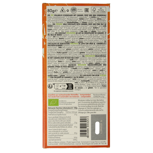 Vivani Chocolade melk car. zeezout kokosbloesemsuiker bio 80 Gram