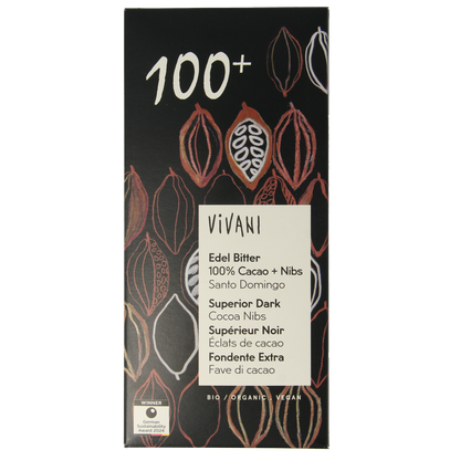 Vivani Chocolade puur 100% + cacao nibs bio 80.00 Gram