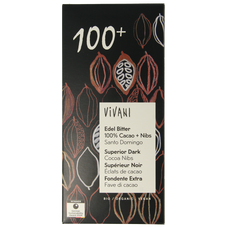 Vivani Chocolade puur 100% + cacao nibs bio 80 Gram