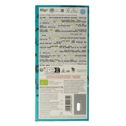 Vivani Chocolade puur zeezout 75% kokosbloesemsuiker bio 80 Gram