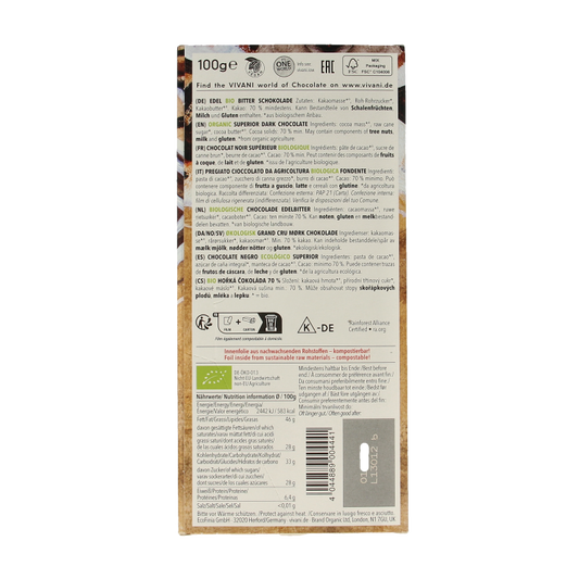 Vivani Chocolade puur superieur 70% Santo Domingo bio 100 Gram