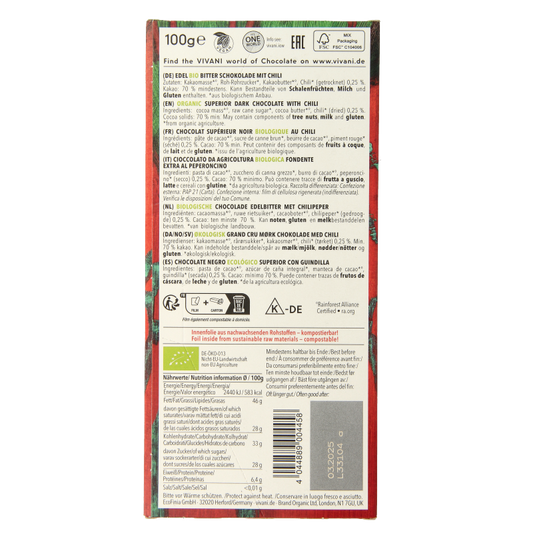 Vivani Chocolade puur superieur met chili bio 100 Gram