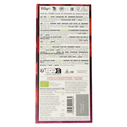 Vivani Chocolade puur superieur met cranberry bio 100 Gram