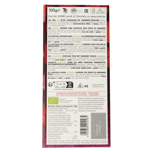 Vivani Chocolade puur superieur met cranberry bio 100 Gram