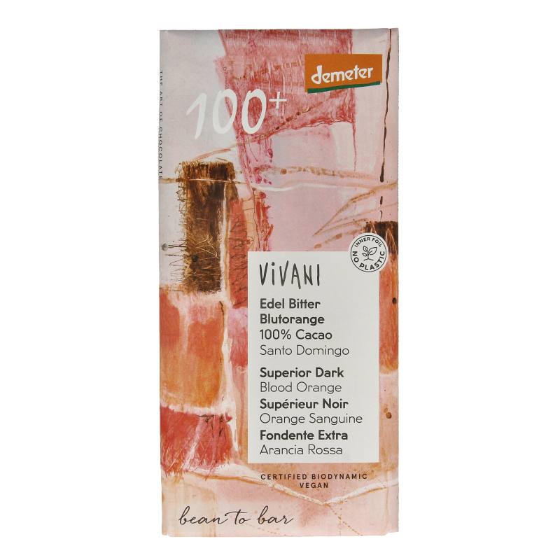 Vivani Chocolade Demeter puur 100% bloedsinaasappel bio 90 Gram