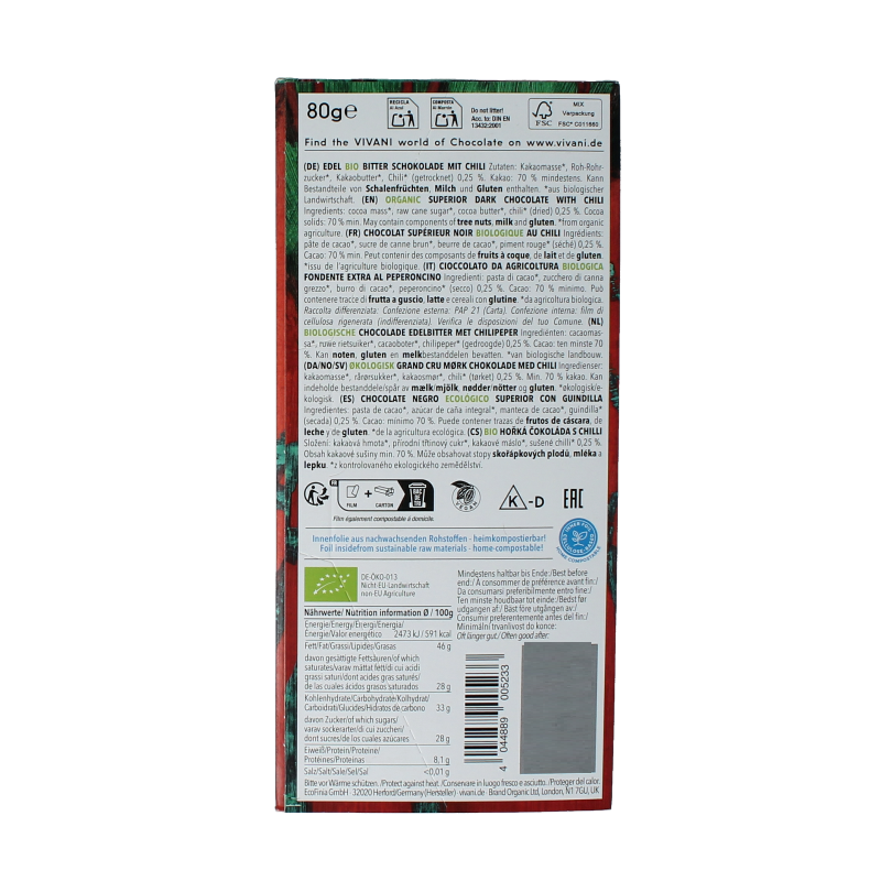 Vivani Superior dark Chili 70% bio 80 Gram