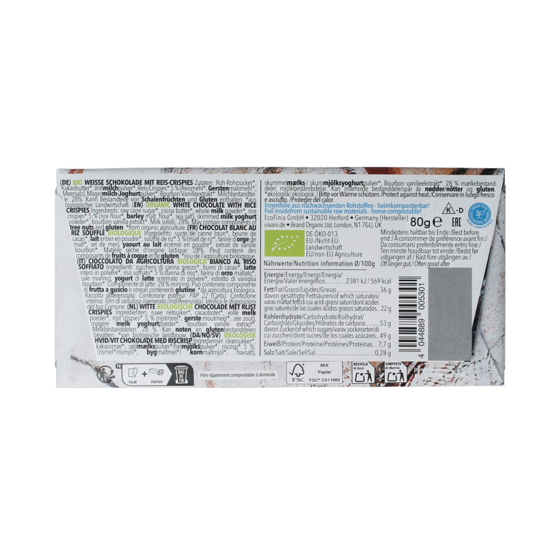 Vivani Chocolade wit rice crispies  bio 80 Gram