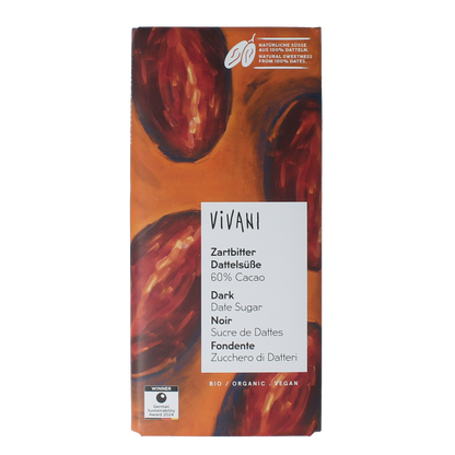 Vivani Chocolade puur 60% dadel gezoet bio 80.00 Gram