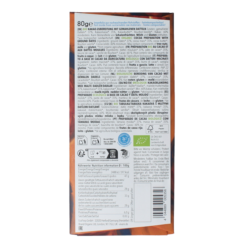 Vivani Chocolade puur 60% dadel gezoet bio 80 Gram