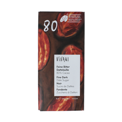 Vivani Chocolade puur 80% dadel gezoet bio 80.00 Gram