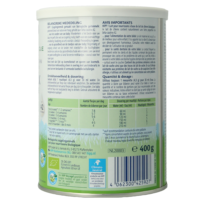Hipp 1 Biologische zuigelingenmelk op basis van geitenm 400 Gram