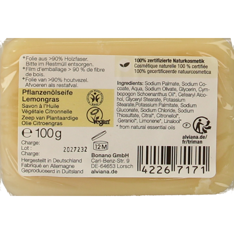 Alviana Citroengras zeep  100 Gram