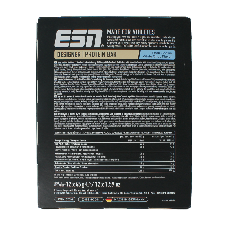 ESN Dark cookie white chocolate bar 45g 12 Stuks