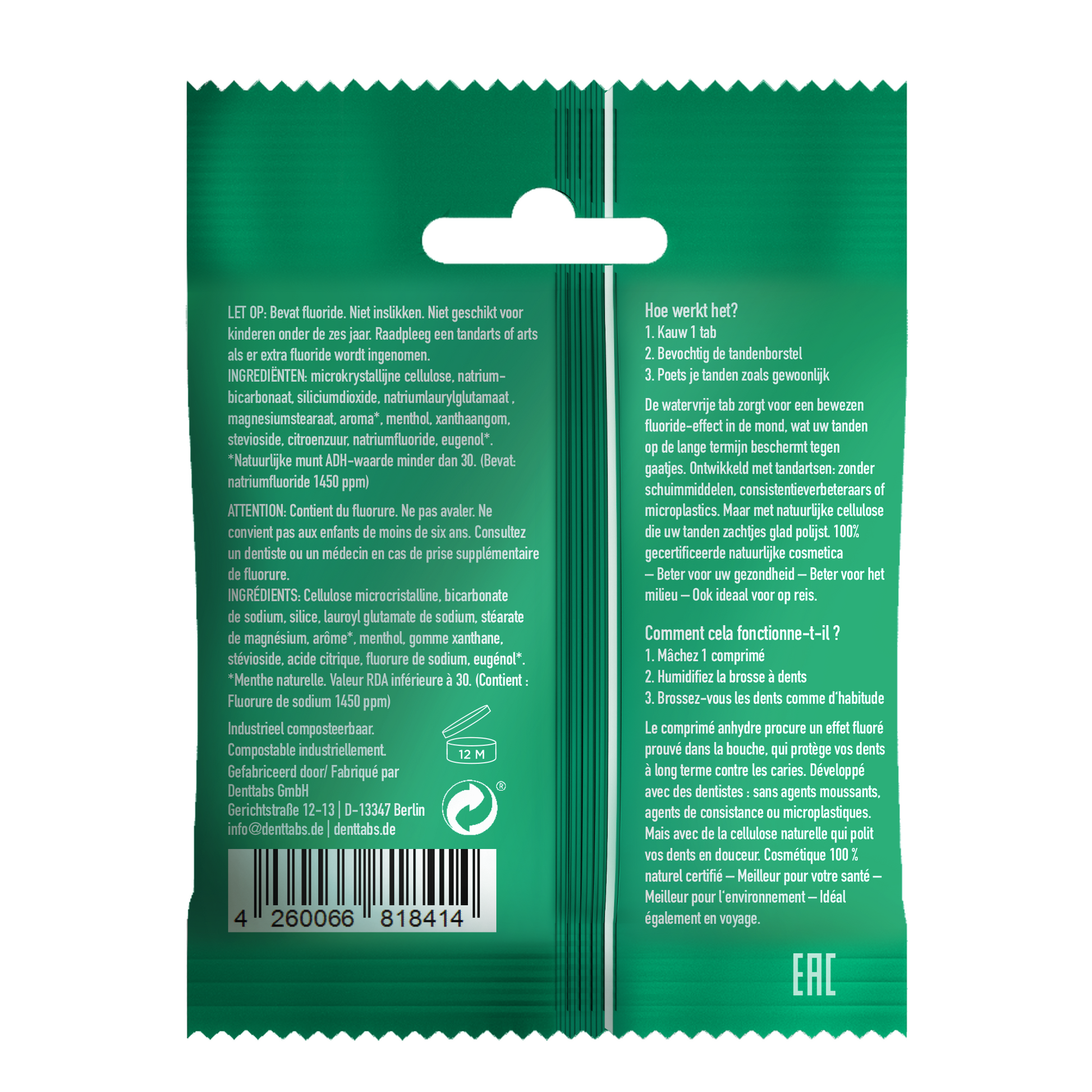 Denttabs Tandpasta tabletten munt met fluor vegan 125.00 Stuks