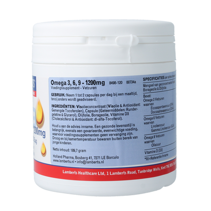 Lamberts Omega 3 6 9 visolie 1200mg + vitamine D3 120.00 Capsules