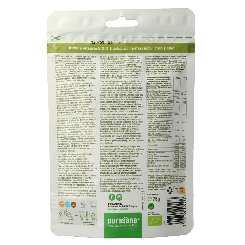 Purasana Matcha premium poeder vegan bio 75 Gram