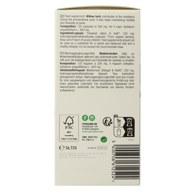 Purasana Wilgenroosje vegan bio 120 Vegetarische capsules