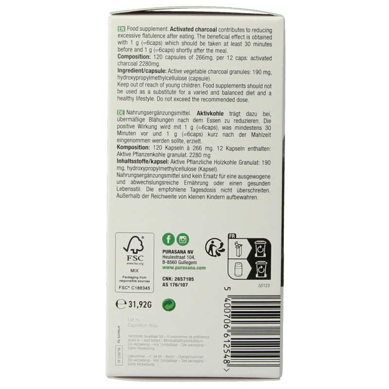 Purasana Plantaardige houtskool vegan 120 Vegetarische capsules