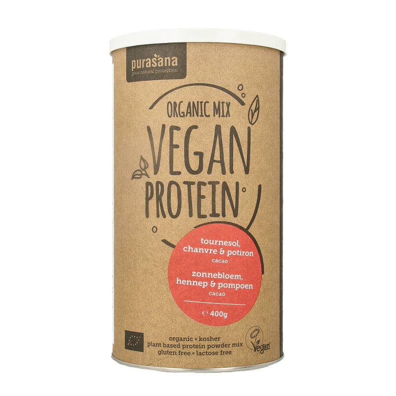 Purasana Proteine zonnebloem hennep pompoen cacao vegan bio 400 Gram