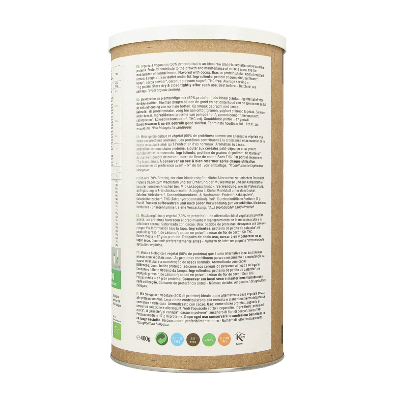 Purasana Proteine zonnebloem hennep pompoen cacao vegan bio 400 Gram