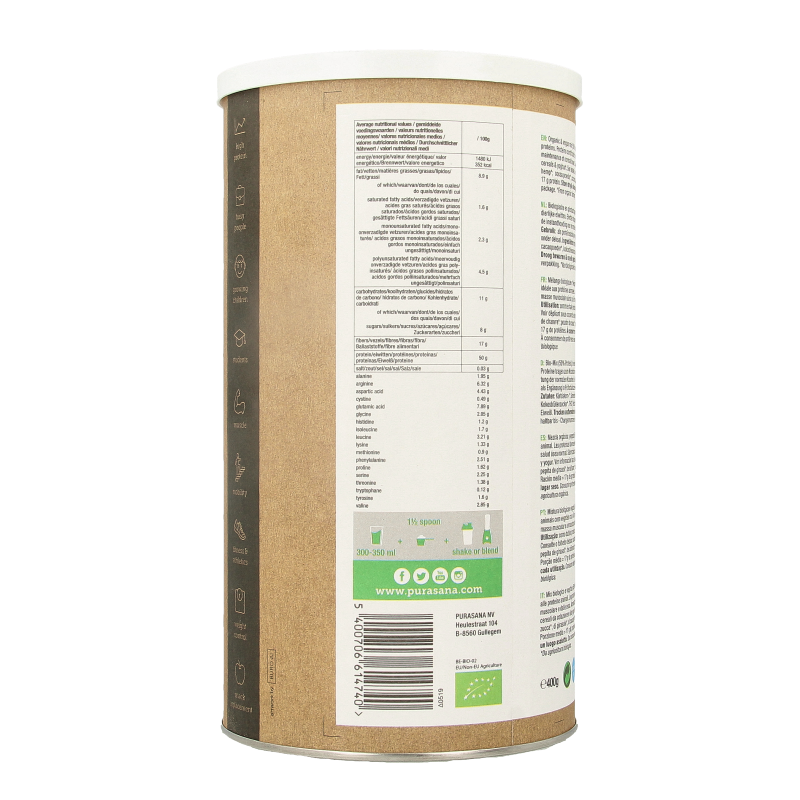 Purasana Proteine zonnebloem hennep pompoen cacao vegan bio 400 Gram