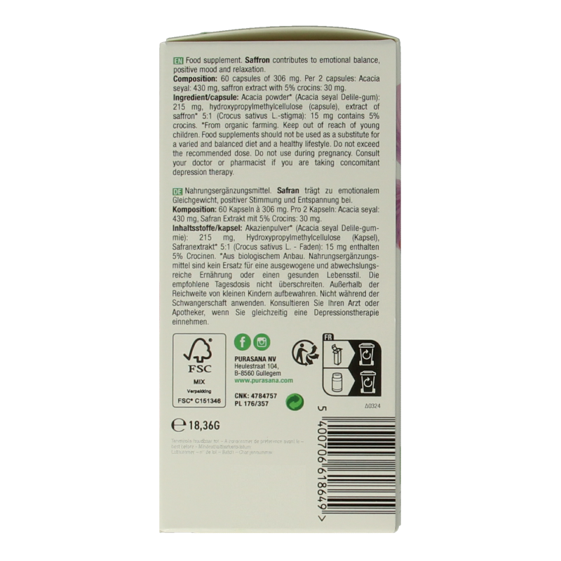 Purasana Saffraan vegan bio 60 Vegetarische capsules