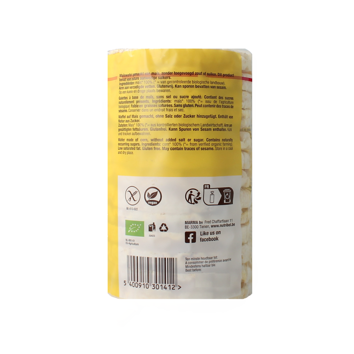 Nutribel Maiswafels zonder zout glutenvrij bio 100.00 Gram