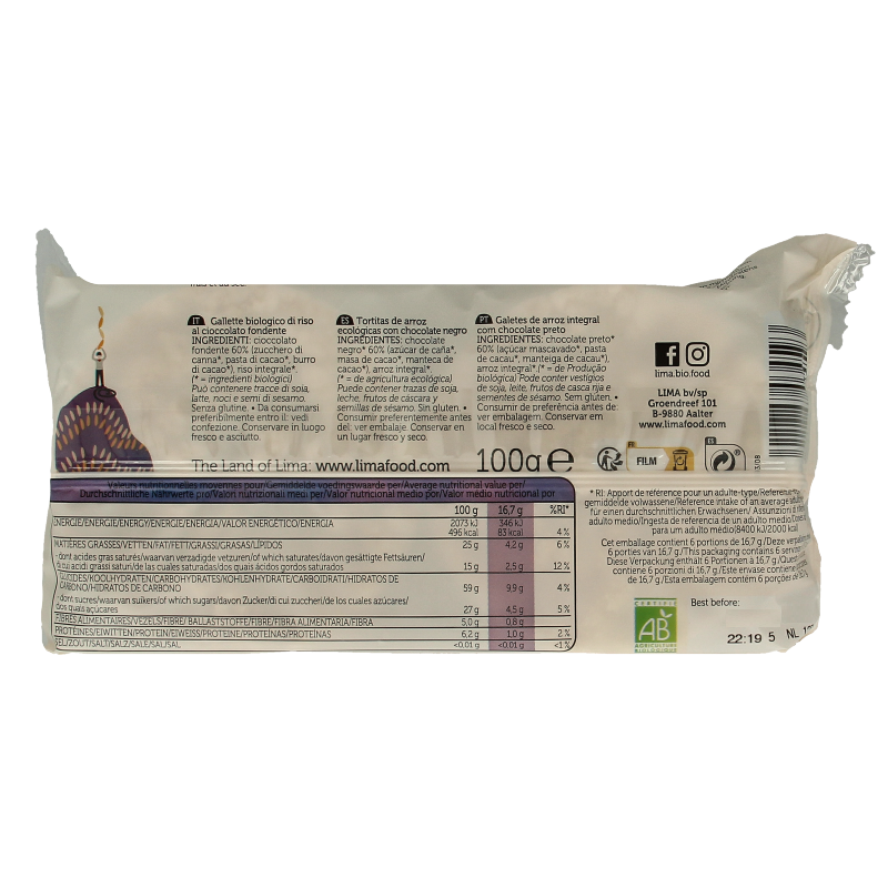 Lima Rijstwafels pure chocolade bio 100 Gram