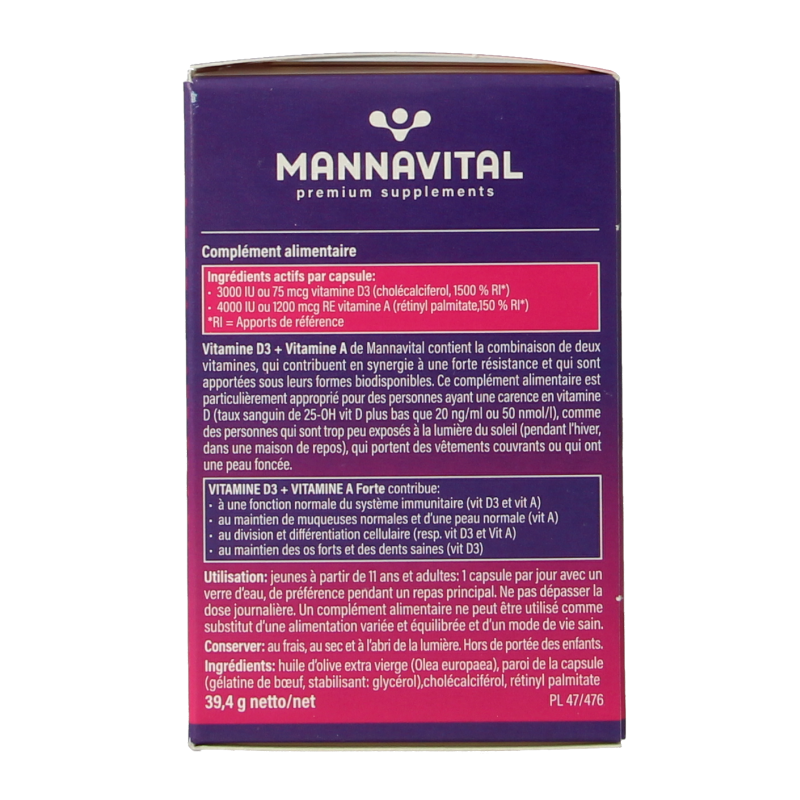 Mannavital Vitamine D3 + vitamine A forte 90 Capsules