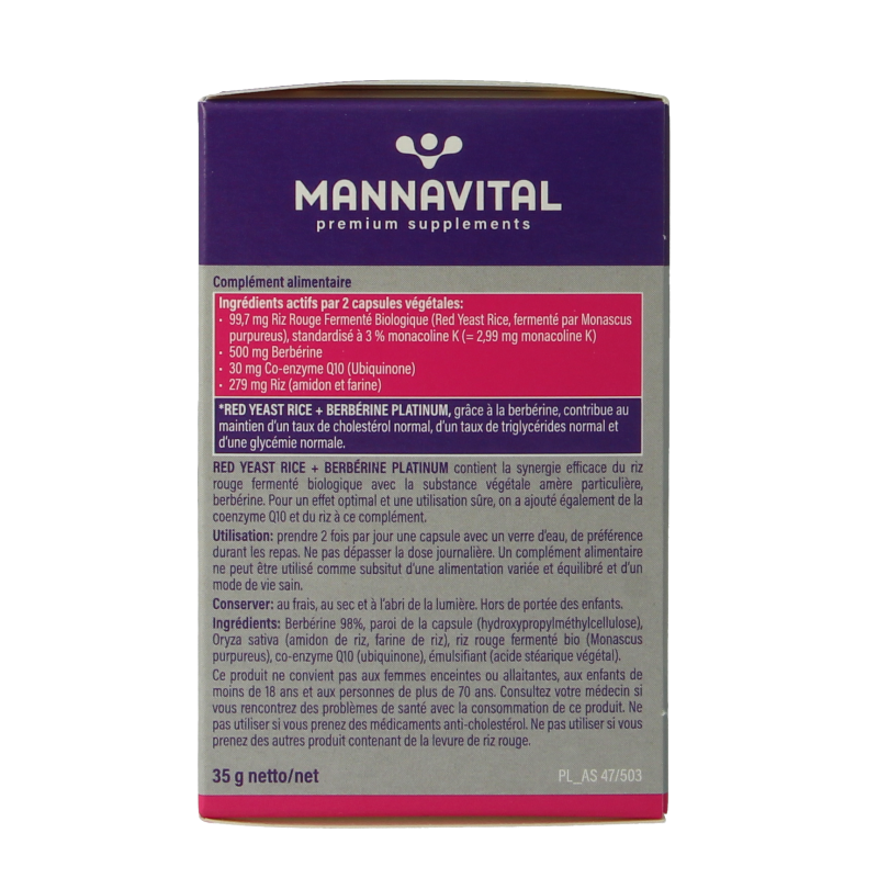 Mannavital Rode rijst + berberine platinum 60 Vegetarische capsules