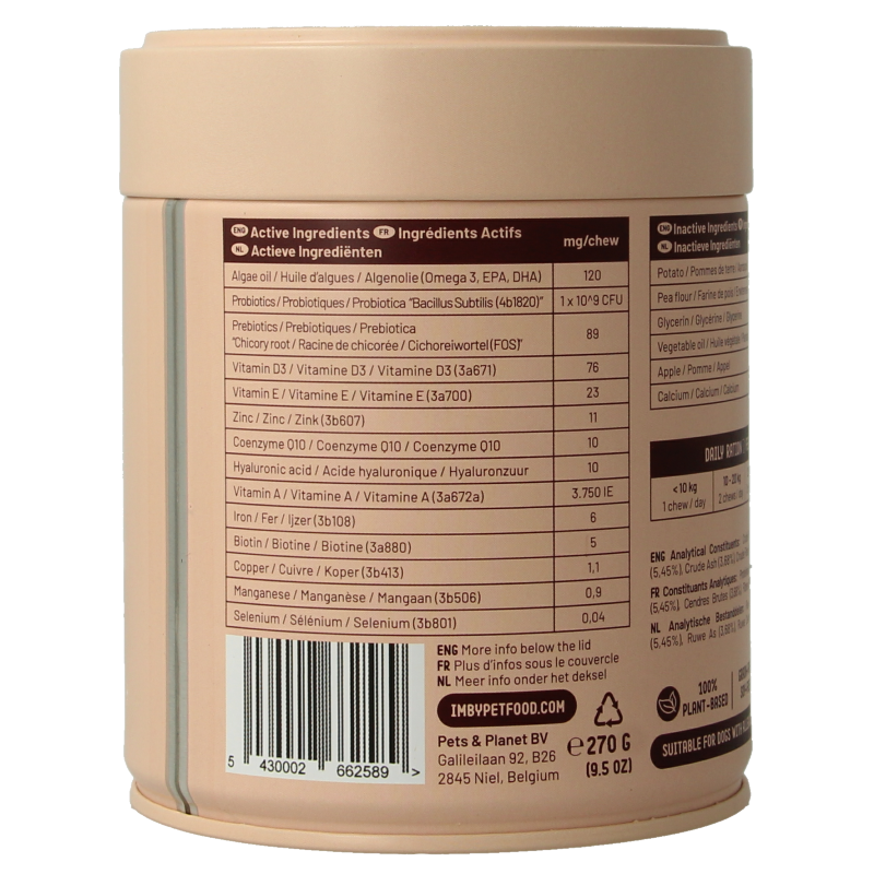 Imby Pet Food  Huid & vacht supplement hond 90 Kauwtabletten