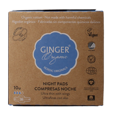 Ginger Organic Maandverband nacht met vleugels 10.00 Stuks