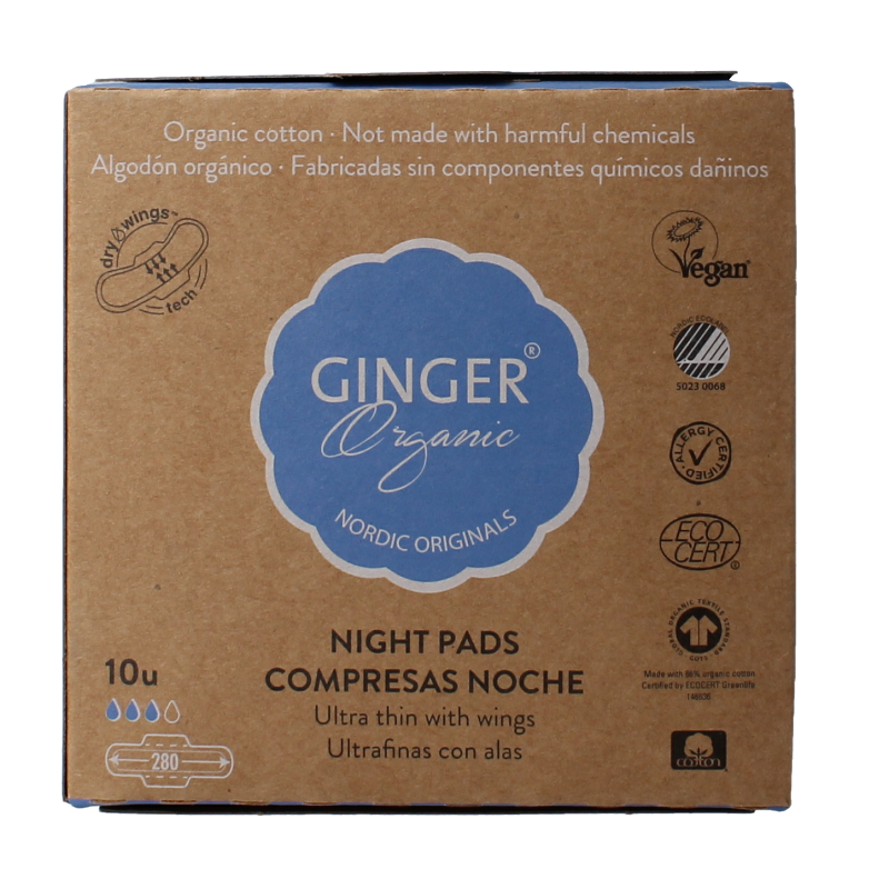 Ginger Organic Maandverband nacht met vleugels 10 Stuks