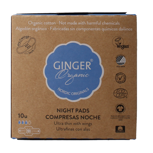 Ginger Organic Maandverband nacht met vleugels 10 Stuks