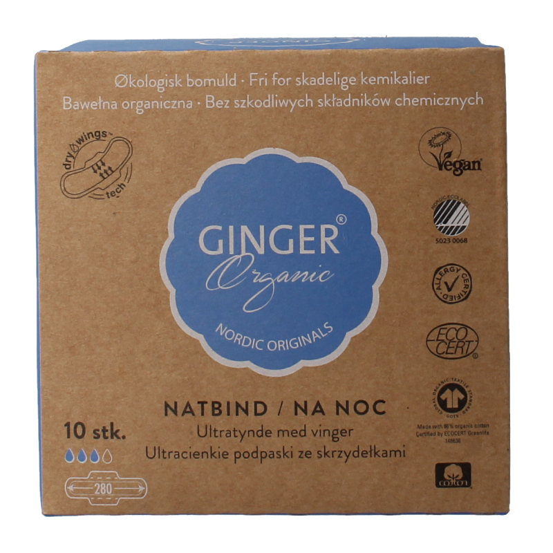 Ginger Organic Maandverband nacht met vleugels 10 Stuks