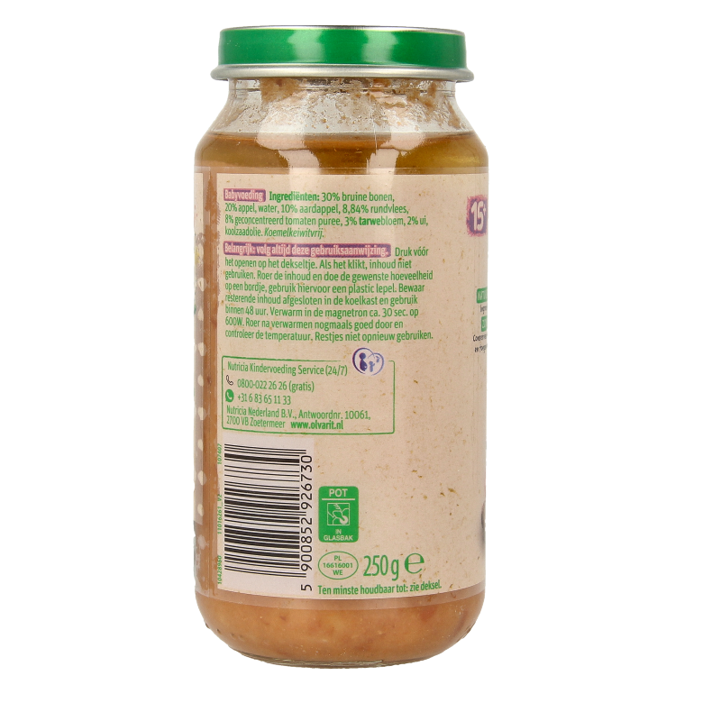 Olvarit Bruine bonen, appel, rundvlees en aardappel 15M06 250 Gram