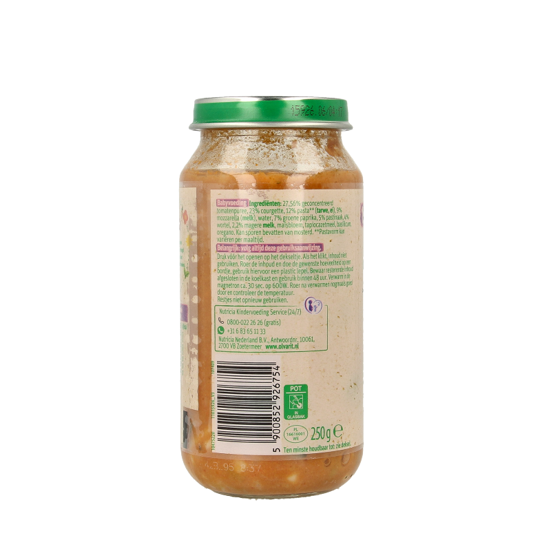 Olvarit Vegetarische pasta courgette mozzarella 15M09 250 Gram