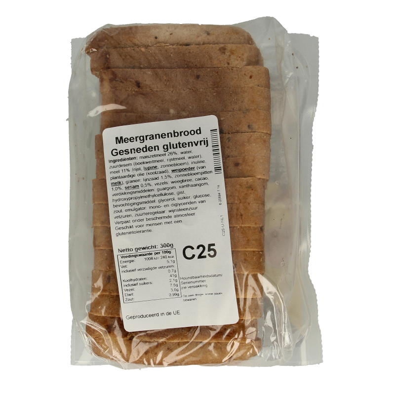 Bezgluten Meergranen brood gesneden glutenvrij 300 Gram