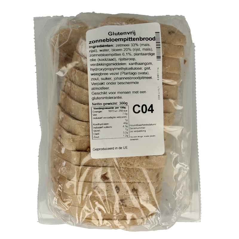 Bezgluten Zonnebloempittenbrood gesneden glutenvrij 300 Gram