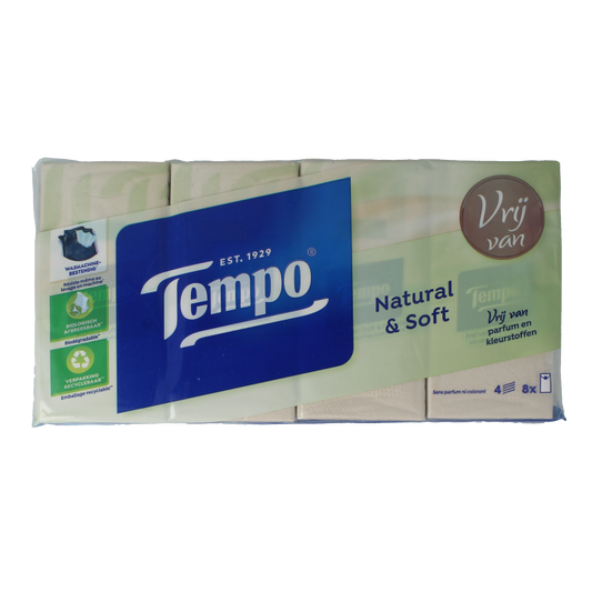 Tempo Natural & soft zakdoekjes 8 x 9 stuks 8 Stuks
