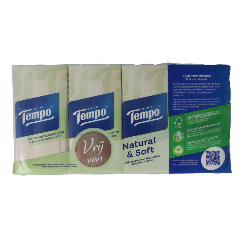 Tempo Natural & soft zakdoekjes 8 x 9 stuks 8 Stuks