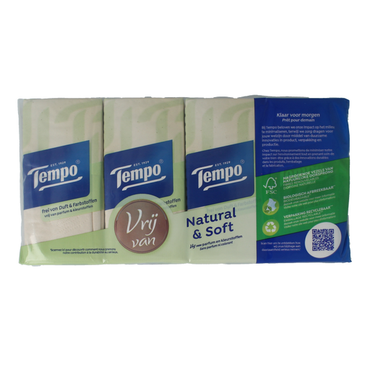 Tempo Natural & soft zakdoekjes 8 x 9 stuks 8 Stuks