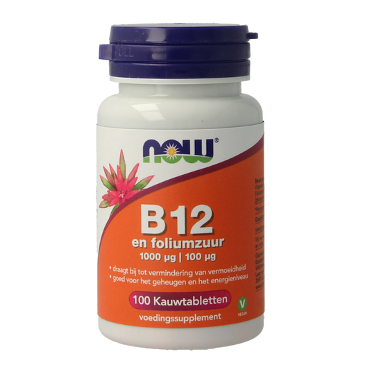 NOW Vitamine B12 1000mcg en Foliumzuur 100mcg 100 Kauwtabletten