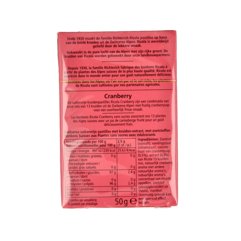 Ricola Cranberry suikervrij doosje 50 Gram