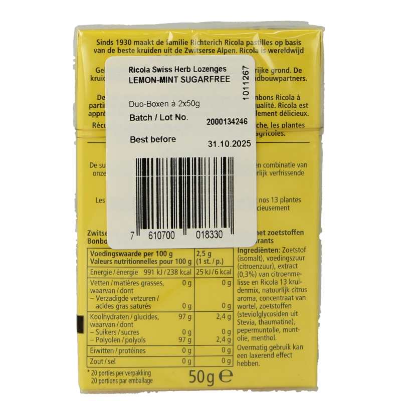 Ricola Citroen munt suikervrij duopak 100 Gram