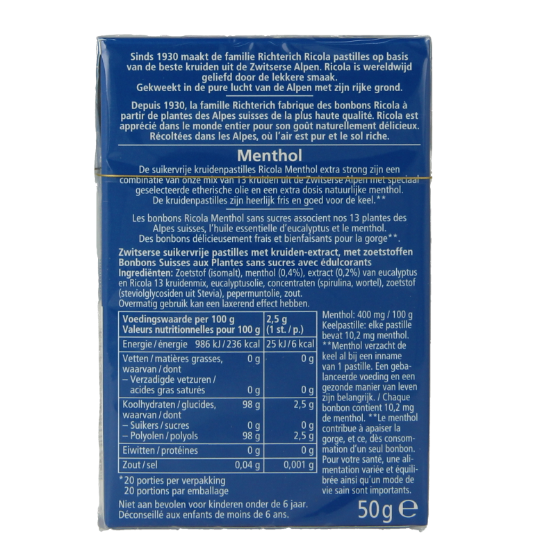 Ricola Menthol extra strong suikervrij 50 Gram