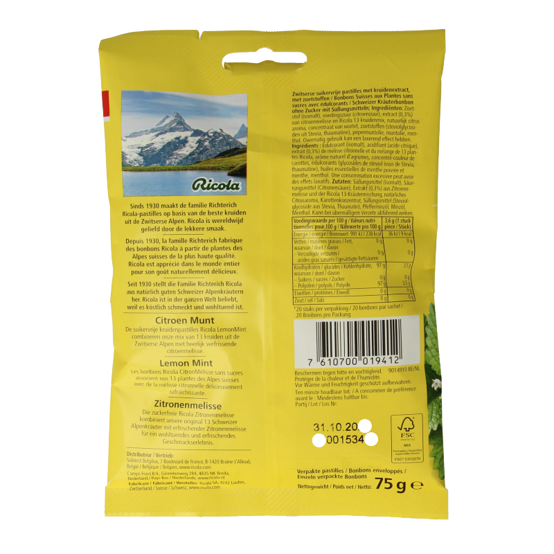 Ricola Citroen munt suikervrij 75 Gram