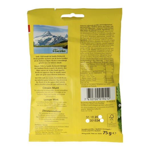 Ricola Citroen munt suikervrij 75 Gram
